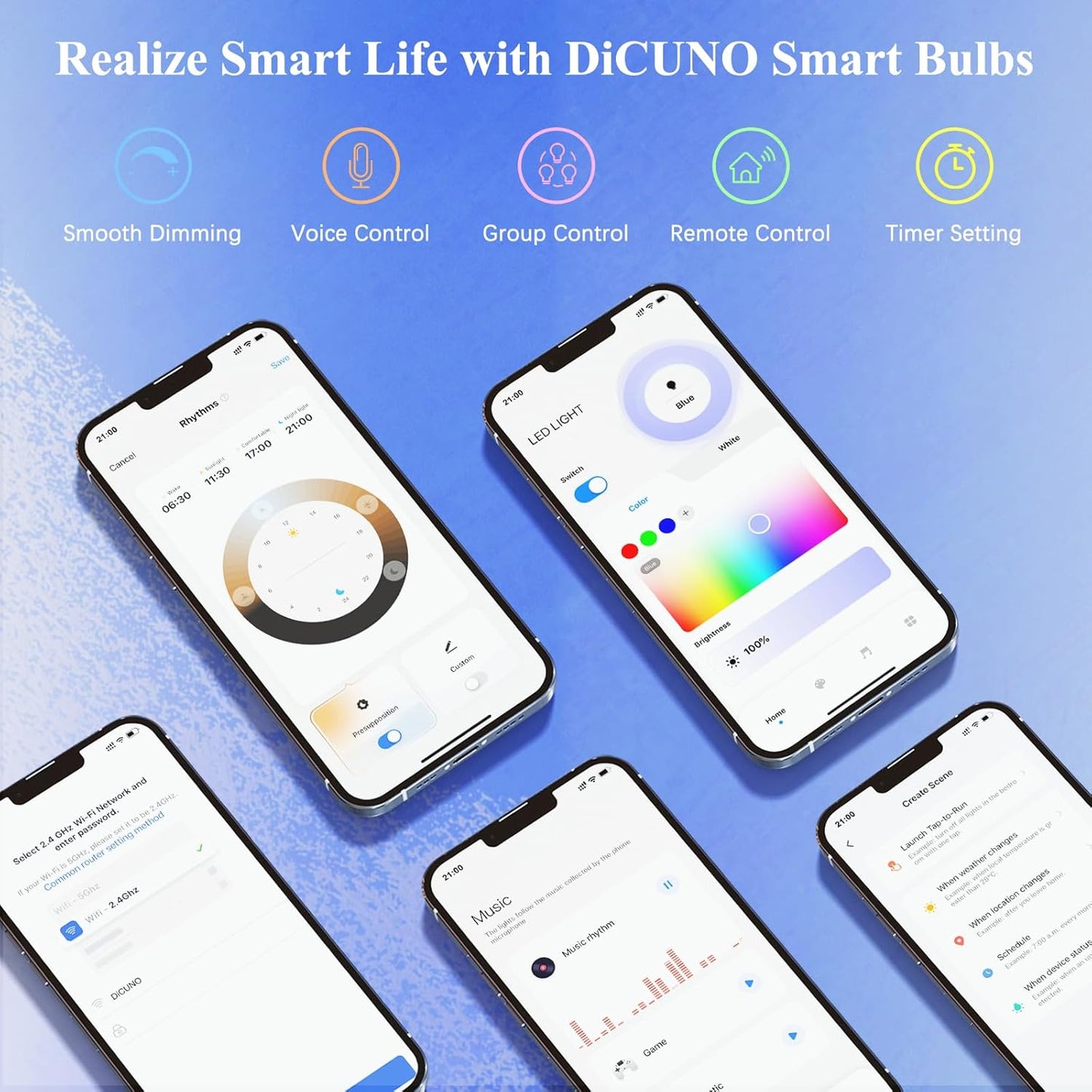 DiCUNO Smart GU10 LED Bulb, RGB Color Changing LED Compatible with Alexa & Google Home, Dimmable with App, 450LM, MR16 50W Track Light Bulb Replacement, 110° Beam Angle, 2.4GHz WiFi, Pack of 4