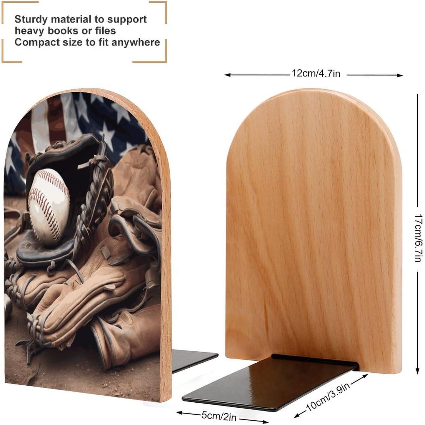 Baseball Equipment Bookend for Shelves Wooden Book End Large Size Sturdy Book Holders Stoppers with Metal Base for Bookshelves Slick Decorative Bookends Stands