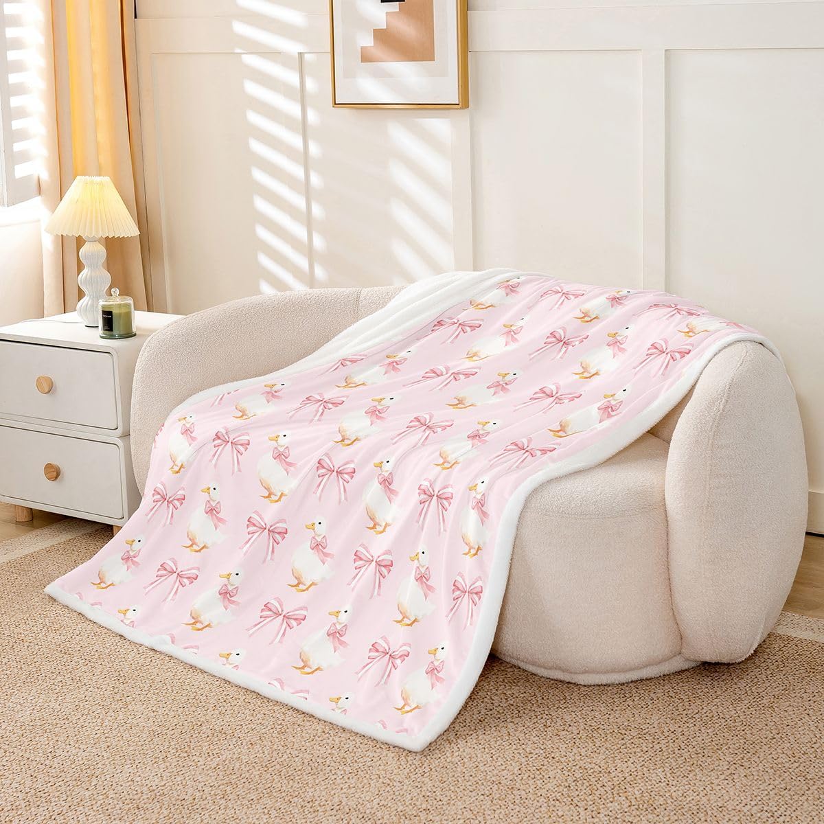 Feelyou Cute Goose Sherpa Throw Blanket for Couch Pink Bow Super Soft Cozy Fleece Geese Animal Pet Blanket for Winter, Plush Throw Bowknot Bow Tie 40"x50" All Season