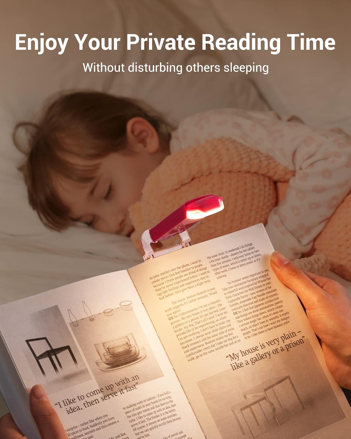 DEWENWILS Book Reading Light, USB Rechargeable Booklight for Reading in Bed, LED Clip On Book Lights for Kids, Bookworms, Blue Light Blocking, 4 Brightness Adjustable for Eye Care (Pink)