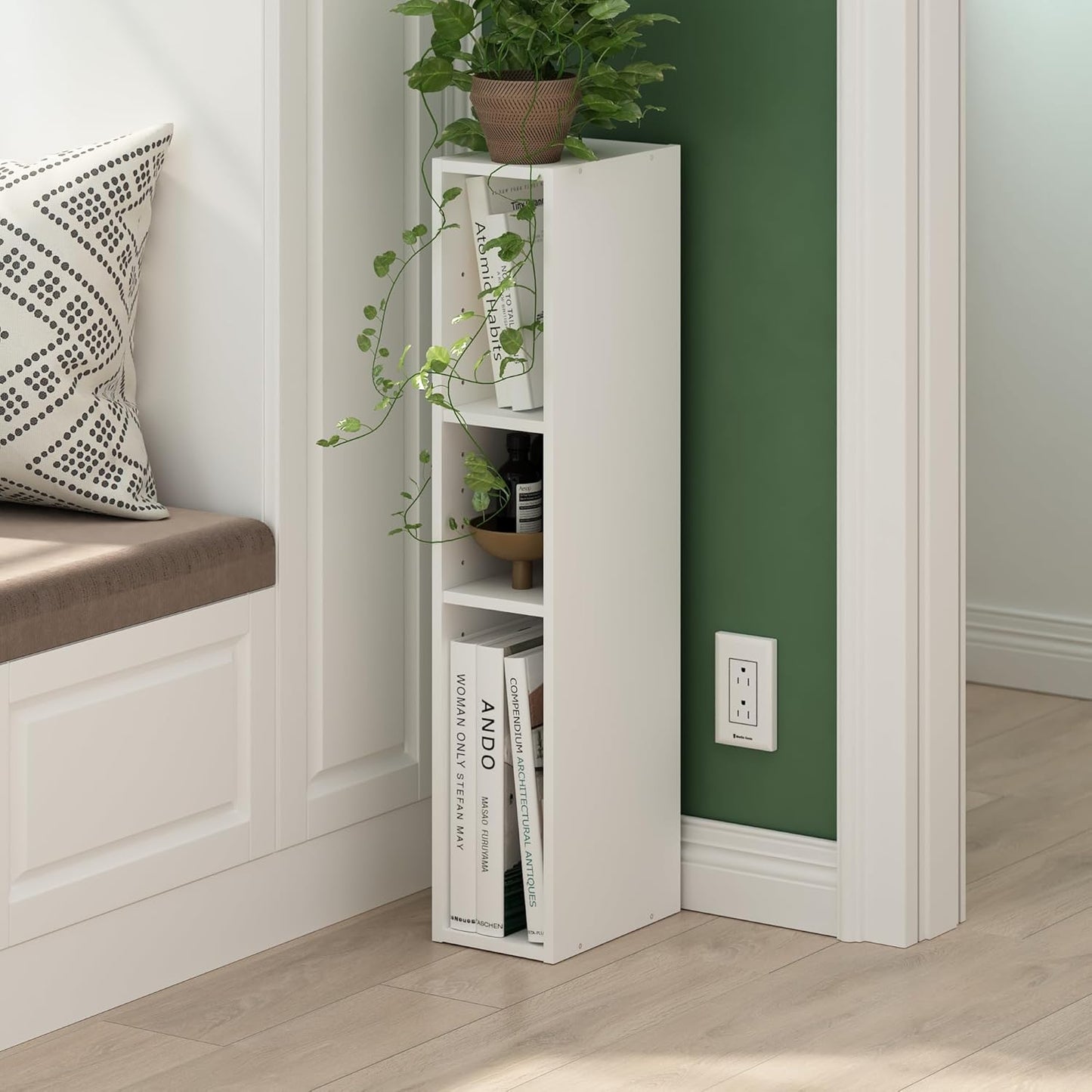 Furinno Fulda Book Shelf, 3-Tier Narrow Bookshelf, Bookcase with 6-in Width Storage Shelf, 9.3 x 5.9 x 31.5, for Living Room, Bedroom, Home Office, Plain White