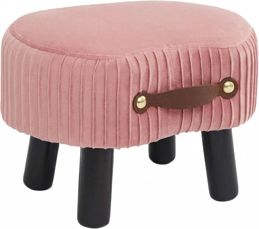 Small Footstool with Handle, Velvet Ottoman Foot Rest with Padded Seat, Curved Foot Stool with Wooden Legs, Portable Foot Rest for Living Room, Bedroom, Entryway, Pink