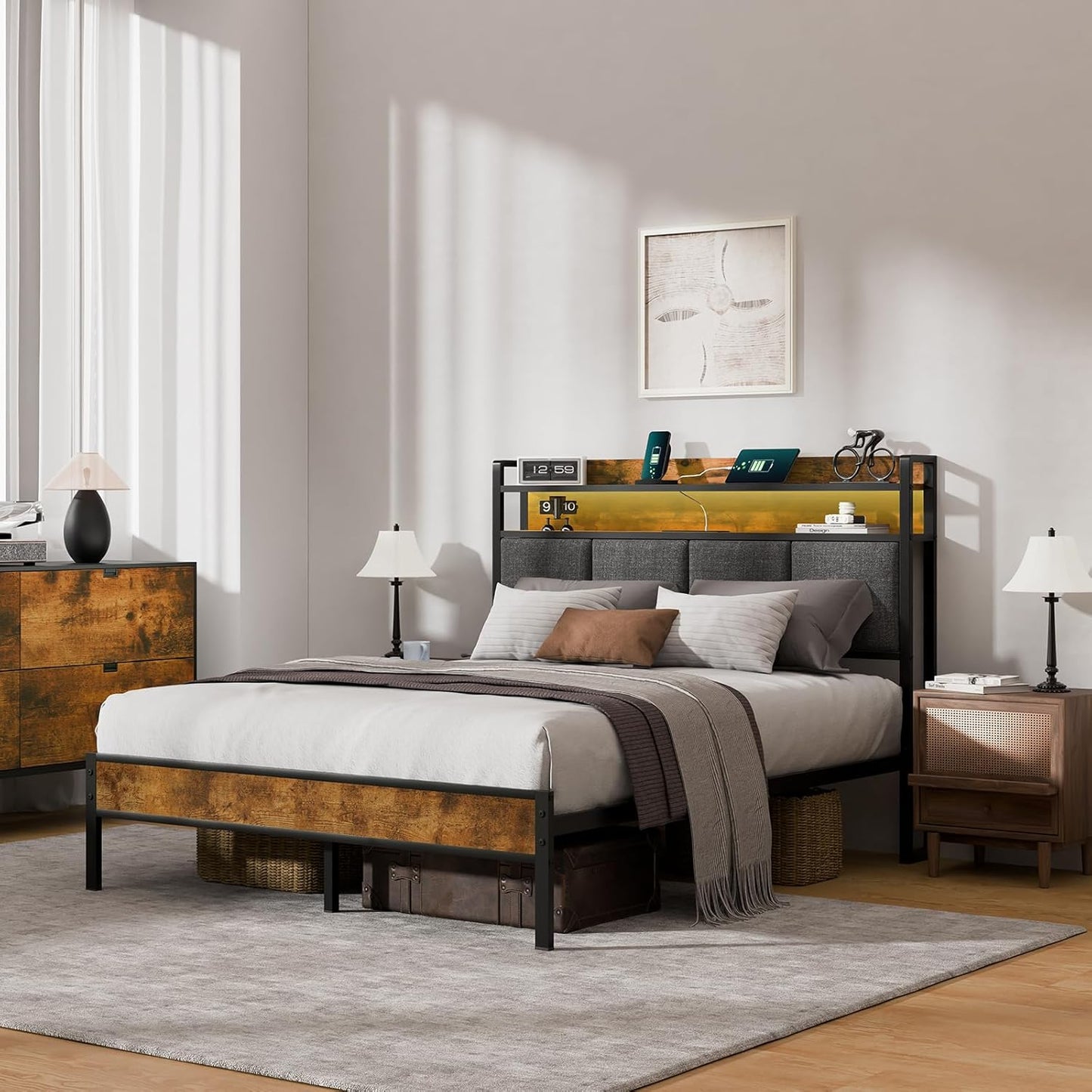Full Bed Frame with LED Light &Charging Station, Metal Platform Bed with 2-Tier Shelves & Under Bed Storage, Upholstered Headboard&Footboard,No Box Spring Needed,Noise Free,Easy Assembly,Vintage Brown