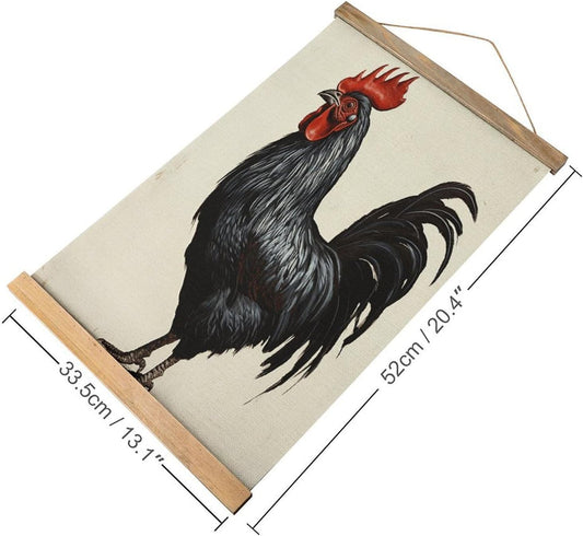 Vintage Black Rooster Poster with Wooden Frame Personalized Linen Hanging Scroll Painting Rustic Wall Hanging Illustrative Modern Artwork Decor for Home Living Room Bedroom Office