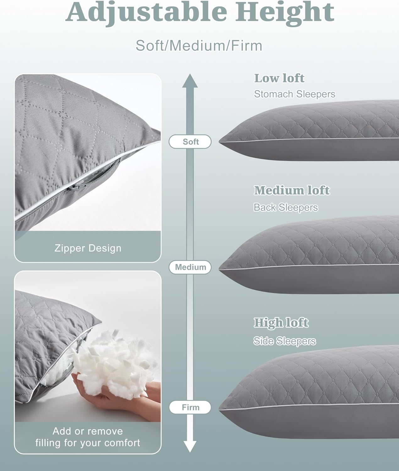 YZ HOME Long Body Pillow for Adults - Firm Body Pillow Insert with Shredded White Memory Foam, Adjustable Height, Soft Support for Side Sleeping, Pregnant Women, Washable (Grey, 20x54 Inch)