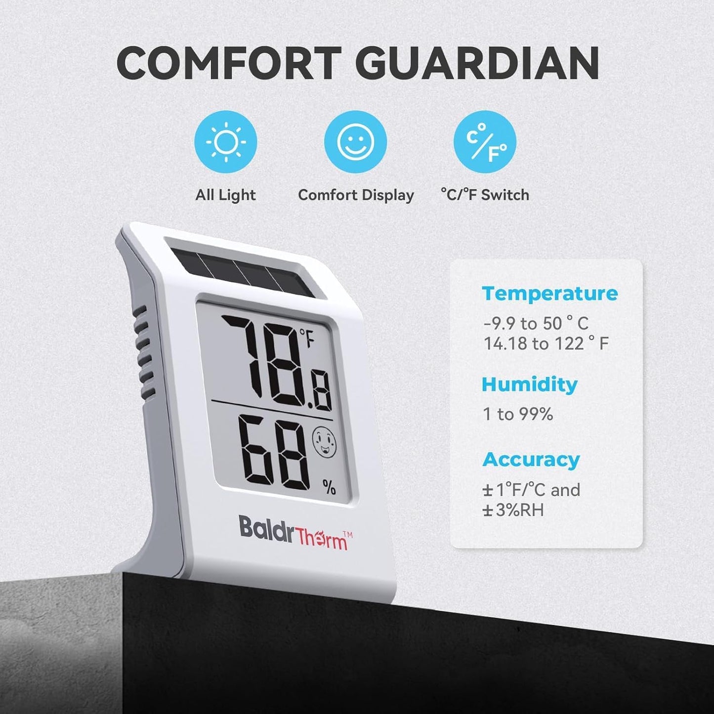 2.2'' Digital Thermometer and Hygrometer Meter, Solar-Powered Indoor Temperature Sensor Humidity Monitor, Humidity Gauge for Baby Rooms, Bedrooms, Home, Office, and Wine Cellars, White, 2Pack