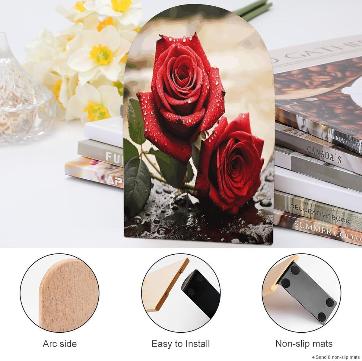 Red Rose Flowers Wooden Bookend Non-Slip Book Ends Heavy Duty Book Stopper with Metal Base Books Holderd Decorative Bookends Stands Firmly for Office Supplies