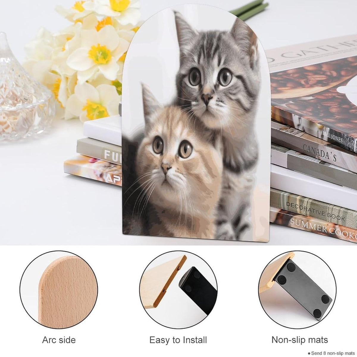 Non-Slip Bookend for Shelves Cats Wooden Bookends with Metal Base Decorative Book Stopper for Home Heavy Duty Wood Book Storage for Books/CDs