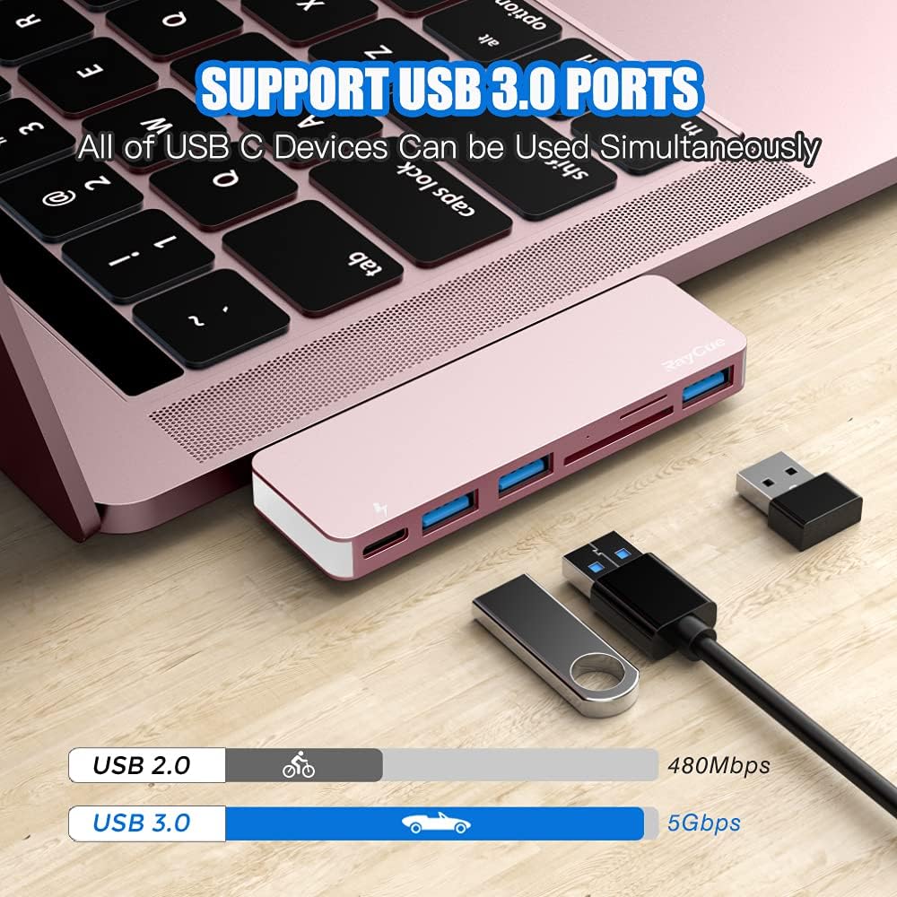 USB C Hub Adapter for MacBook Pro/Air 2020 2019 2018, 6 in 1 USB-C Accessories Compatible with MacBook Pro 13″ and 15″ with 3 USB 3.0 Ports, TF/SD Card Reader, Power Delivery (Pink)