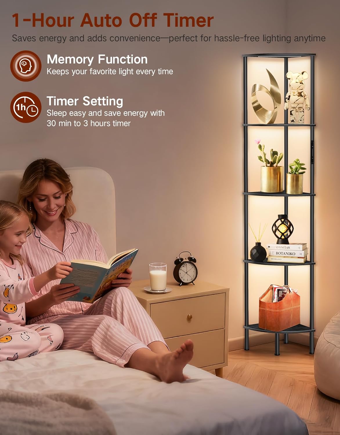 5 Tier Corner Shelf with LED Light, Touch & Remote Control, Dimmable Narrow Corner Bookshelf with 3 Color Temperature, 1-Hour Timer, Display Shelves for Living Room, Bedroom(Black)