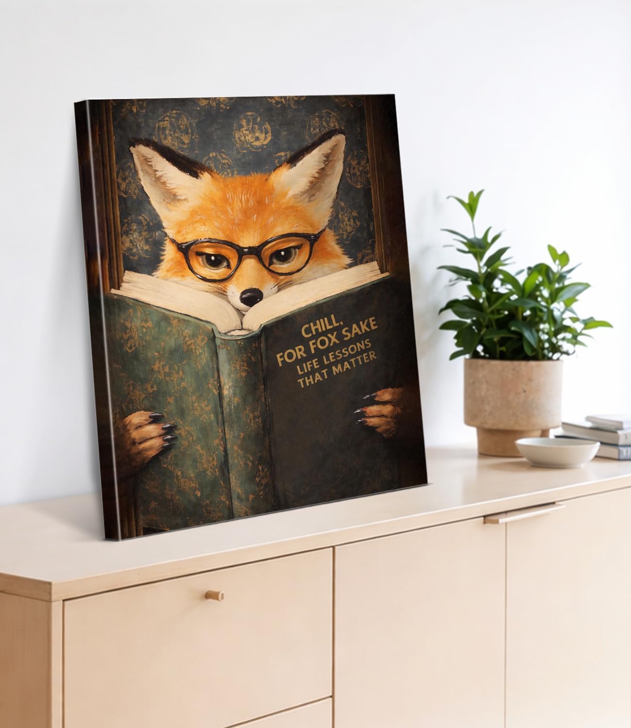 Vintage Fox Reading Wall Art Print - Whimsical Bookish Fox Canvas Poster Painting - Animal Wall Decor for Home Reading Room Study 8x10 Inch Framed
