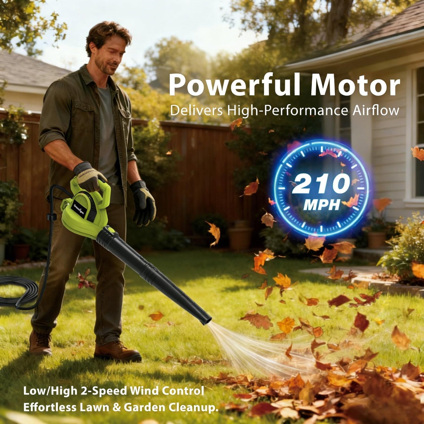 Electric Leaf Blower Corded, 7-Amp, 390CFM/ 210MPH, 2 Speed Modes, Powerful Lightweight Handheld Blowers for Lawn Care, Patio, Leaves, Dust, Snow (Green)