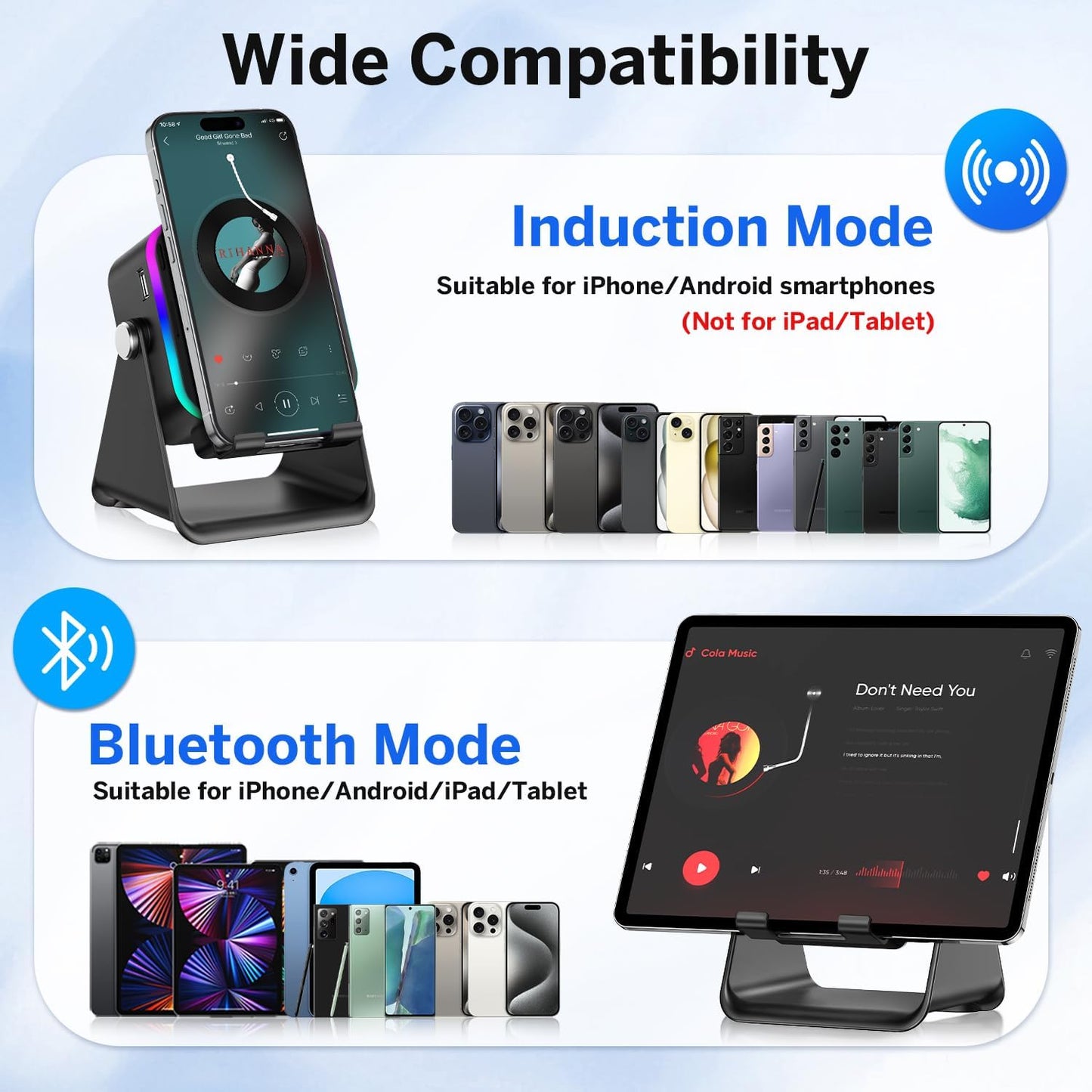 Wireless Induction Speaker 5-in-1 Bluetooth Speaker with Phone Stand,Stereo Sound, 3500mAh Rechargeable, 8 RGB Ambient Light, 360° Adjustable Holder for iPhone/Android/iPad,Gifts for Men Women (Black)