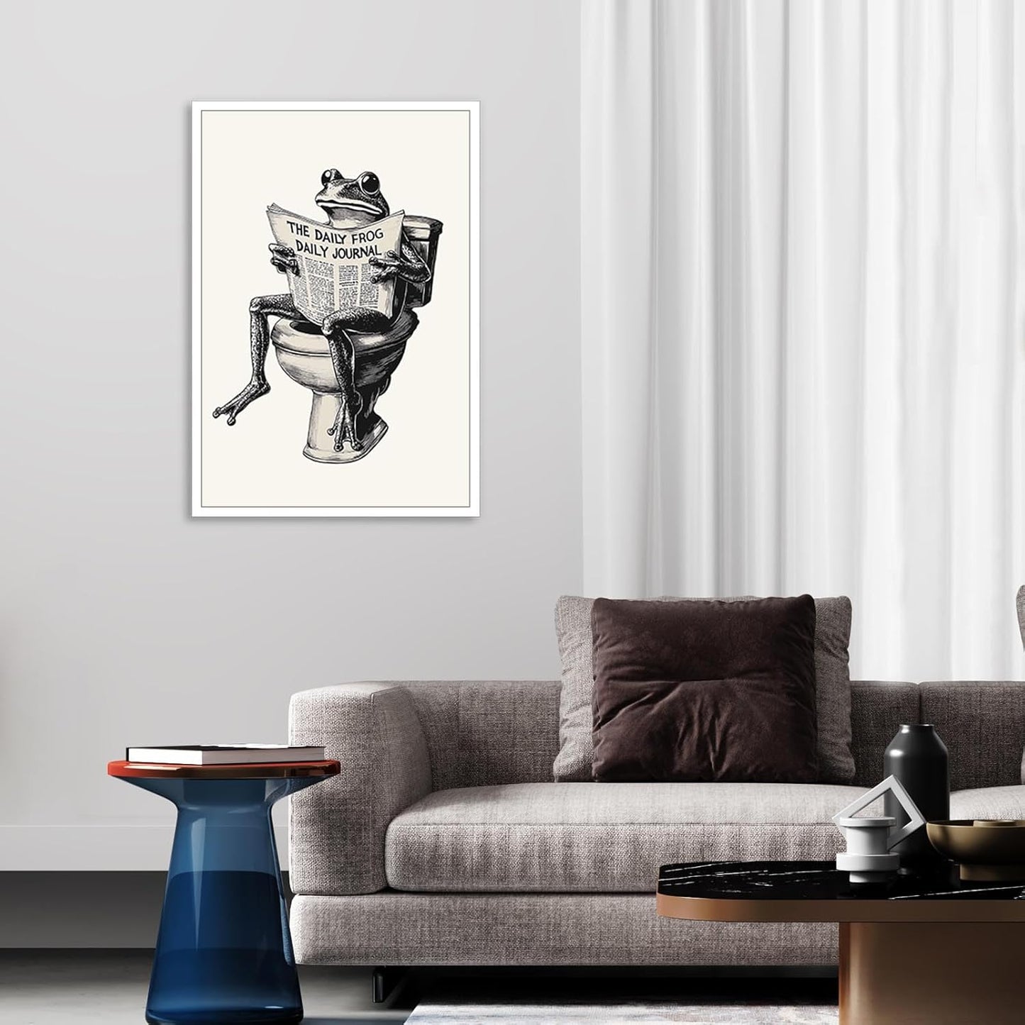FBKDVC Bathroom Frog Poster Funny On Toilet Canvas Wall Art Black And White Funky Reading Newspaper Print Quirk Animal Picture For Restroom Guestroom 16x24in Unframed