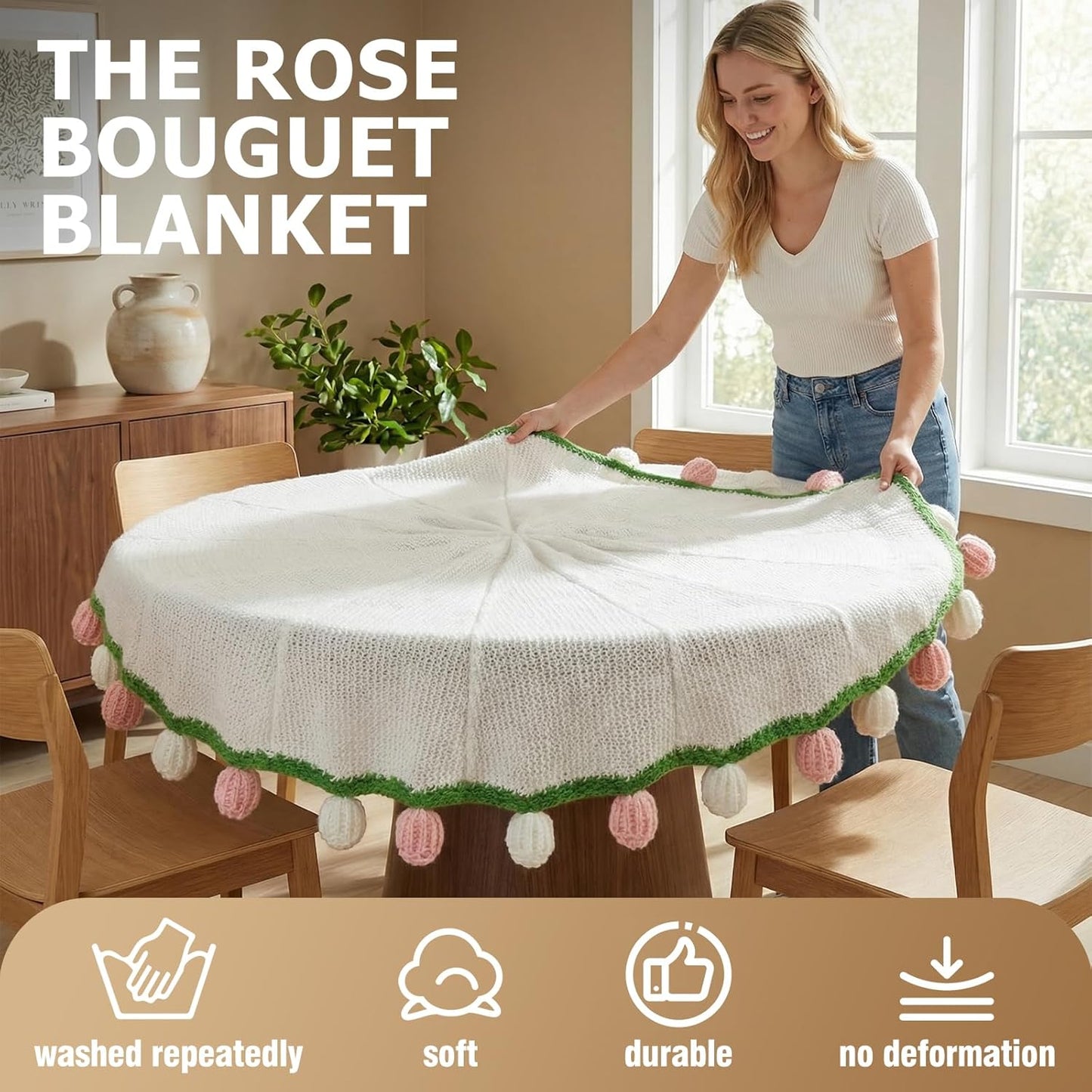 Flower Bouquet Blanket, Handmade Crochet Flower Bouquet, Soft Knitted Throw Blankets, Gift for Her Girlfriend Mom Mother’s Day Valentine Wedding Anniversary Christmas Birthday, Rose Pink（32 in）