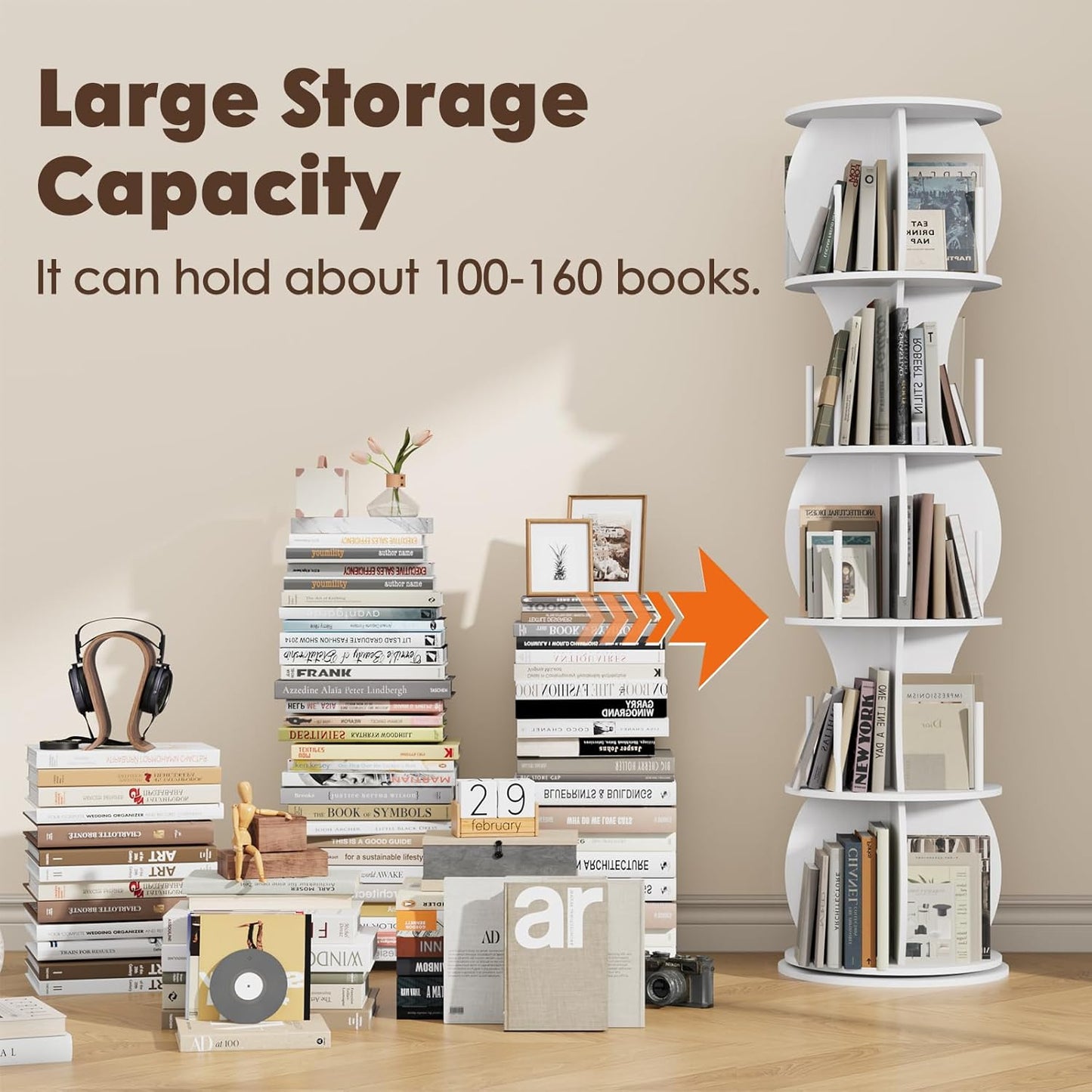 Rotating Bookshelf Tower, 5-Tier Spinning Book Shelf, 360° Revolving Bookcase, Freestanding Corner Bookshelf Organizer for Small Space, Wood Narrow Bookshelf for Living Room, White