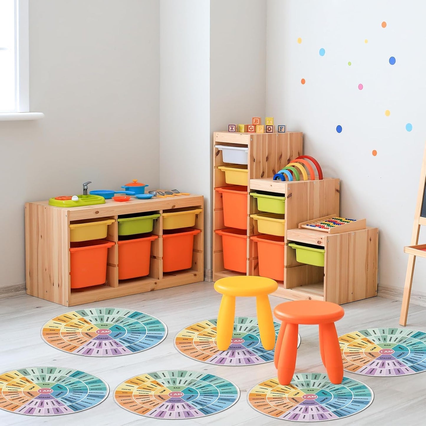 OBUSATT 12Pcs Carpet Circle Seats 15 Inch Round Classroom Rug Calming Corner Supply Non Slip Floor Cushions Mat for Back to School Mental Health Nursery Learning Playing Areas Decor(Feelings Wheel)