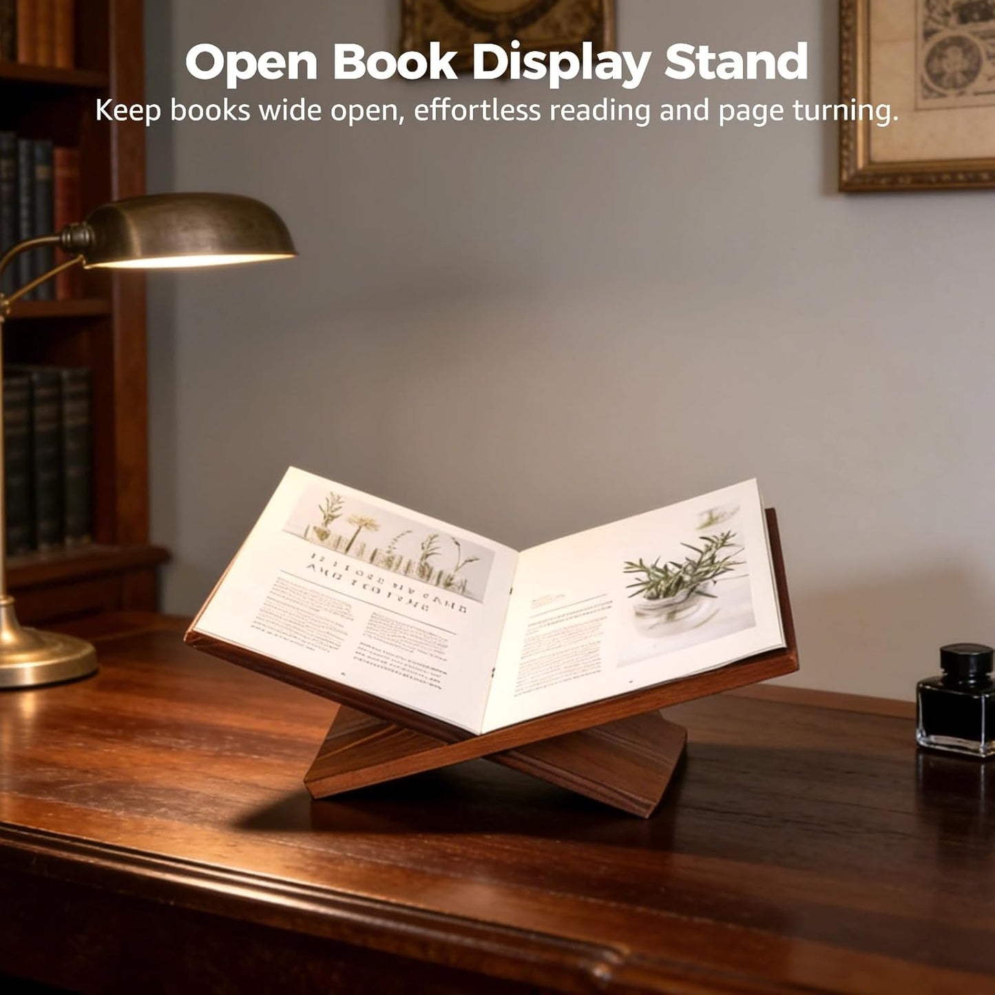 Wooden Book Stand, Solid Wood Book Reading Holder with X-Shape Stable Support, Large Open Book Display Stand for Recipe, Coffee Table Books, 15.7 x 9.3 x 5.9 in