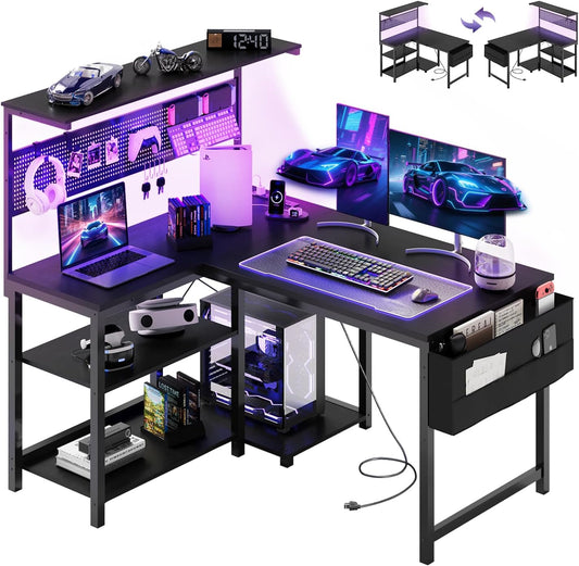 Apicizon L Shaped Desk Gaming Desk with LED Light & Power Outlet, 48 Inch Reversible Computer Desk with Pegboard & Shelf & Storage Bag for Home Office, Black