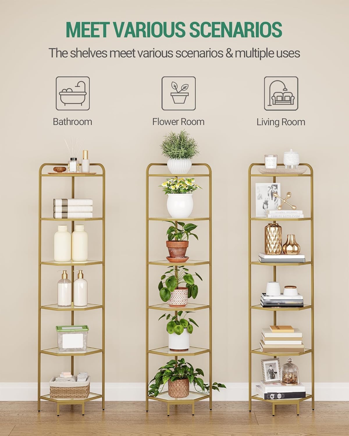 Corner Shelf Stand, 6-Tier Glass Bookshelf Bookcase, Bathroom Organizer, Plant Stand, Steel Frame, Tempered Glass, Modern Style for Living Room, Bathroom, Kitchen, Golden CS90600G