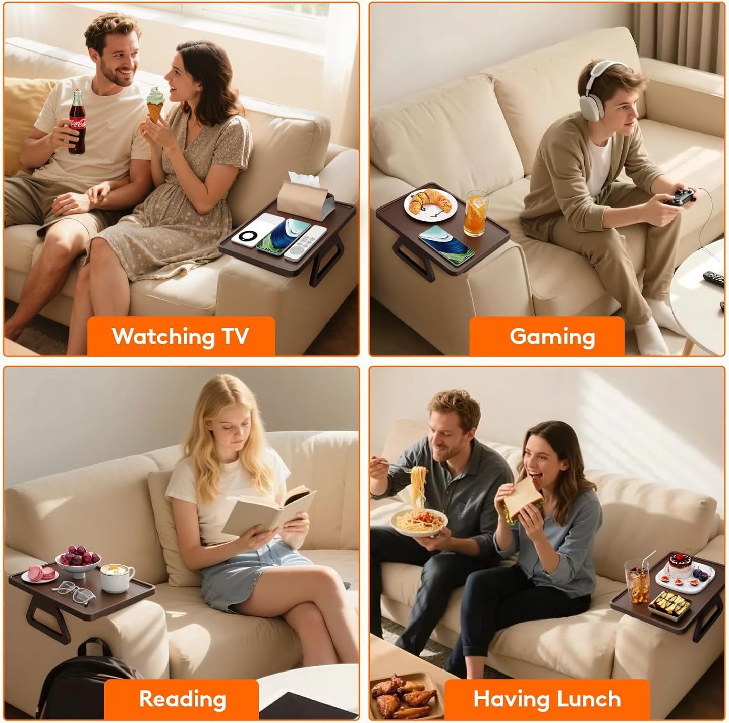 Lifewit Plastic Rotating Couch Armrest Table, Adjustable Sofa Arm Clip Holder Tray for Snack/Fast Food/Fruit/Drink, Large Foldable Stable Sofa Table with Reinforced Clamp, Brown