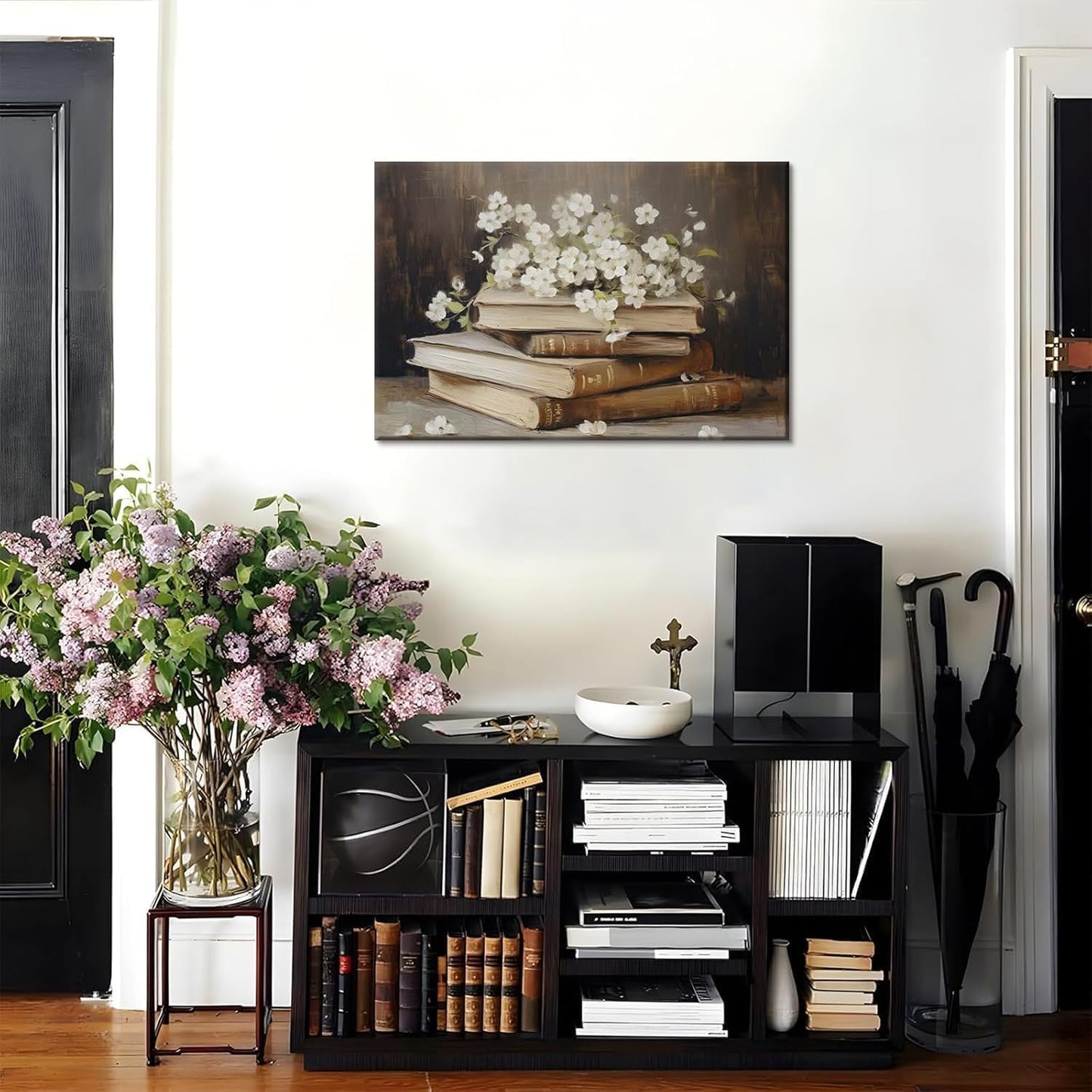 Vintage Flower Books Wall Art Rustic Antique Floral Still Life Painting Prints Light Academia Aesthetic Gallery Posters Pictures Spring Minimalist Botanical Moody Library Canvas Wall Decor Framed