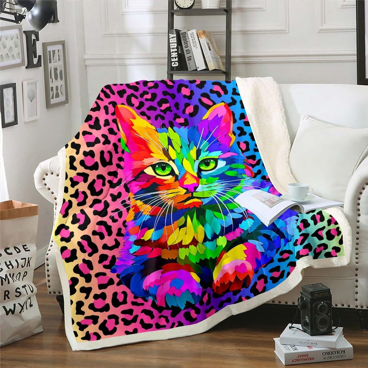 Erosebridal Leopard Print Fleece Throw Blanket, Girls Pink, Purple & Blue Cheetah Print, Kawaii Tie Dye Kitten - Wild Animal Theme Sherpa 50"x60"