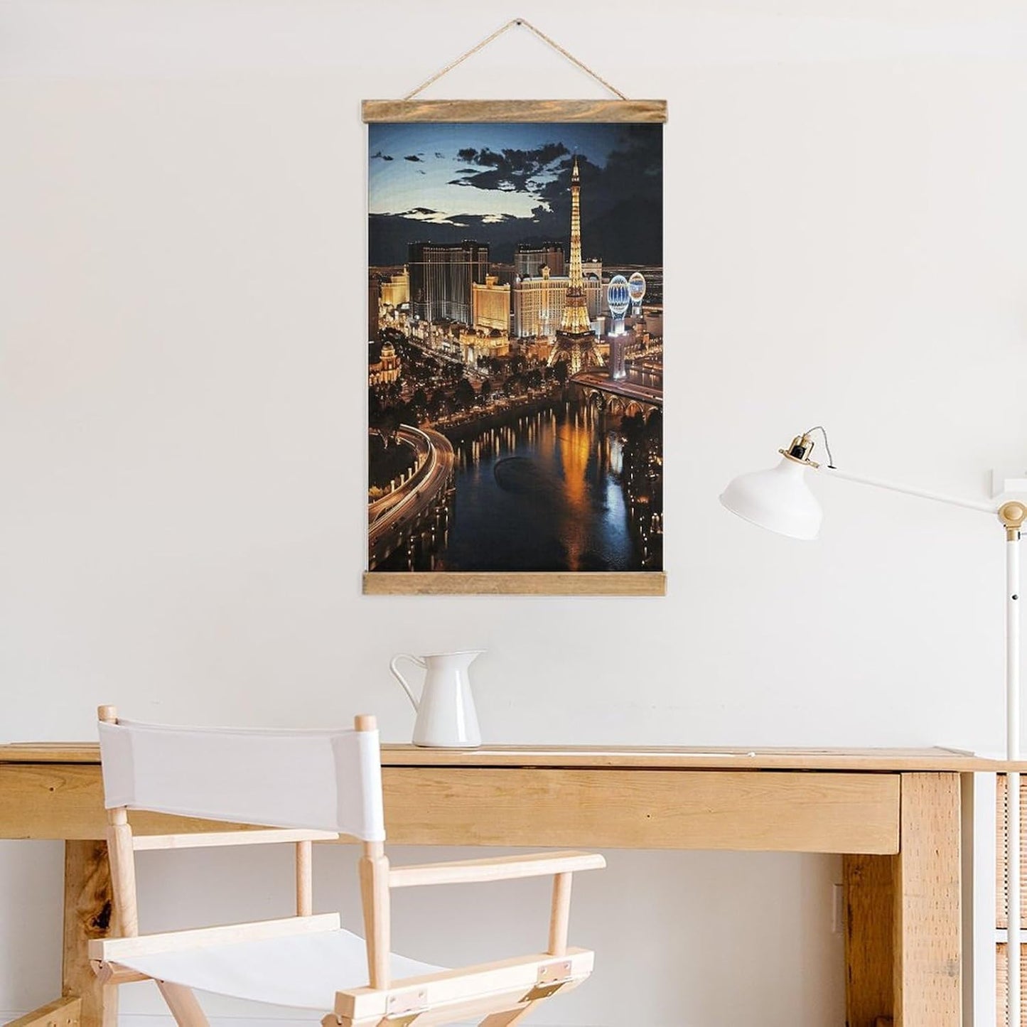 Vintage Las Vegas Night View Poster with Wooden Frame Personalized Linen Hanging Scroll Painting Rustic Wall Hanging Illustrative Modern Artwork Decor for Home Living Room Bedroom Office