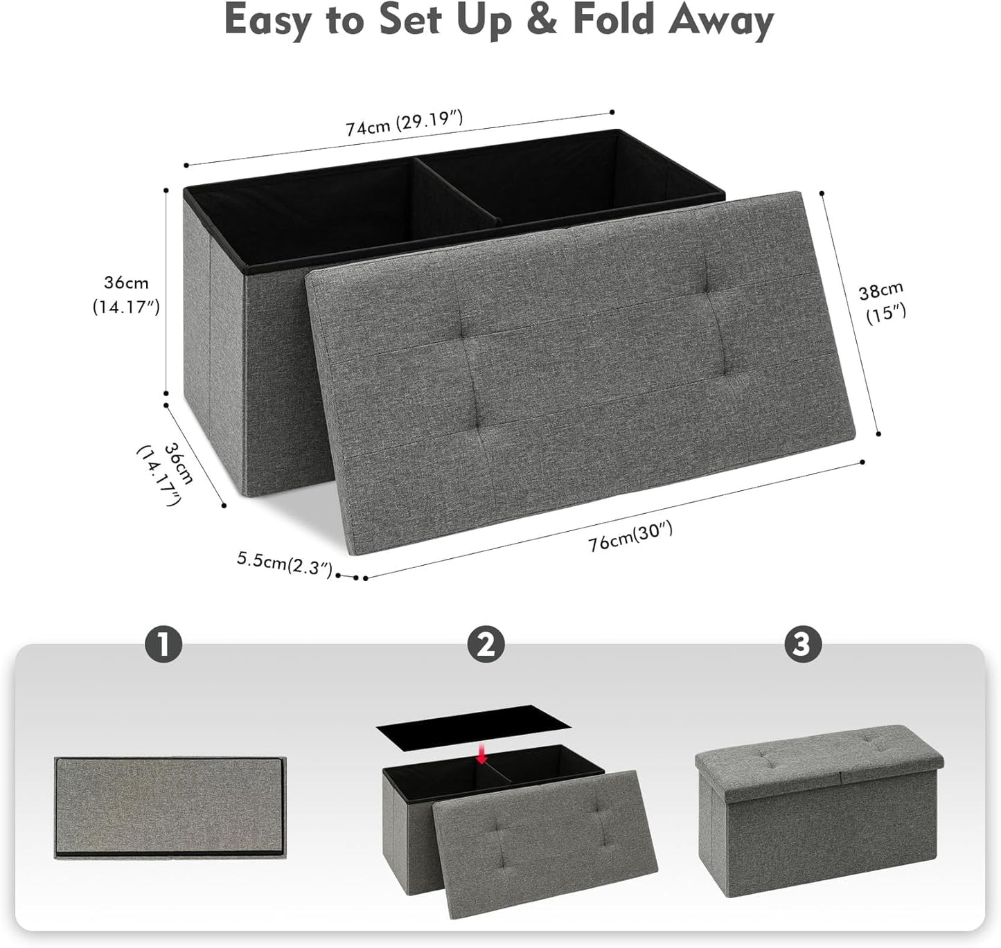 B FSOBEIIALEO Storage Ottoman with Flipping Lids, Ottoman Bench Footrest Seat, Linen 30"x15"x15" (Grey)