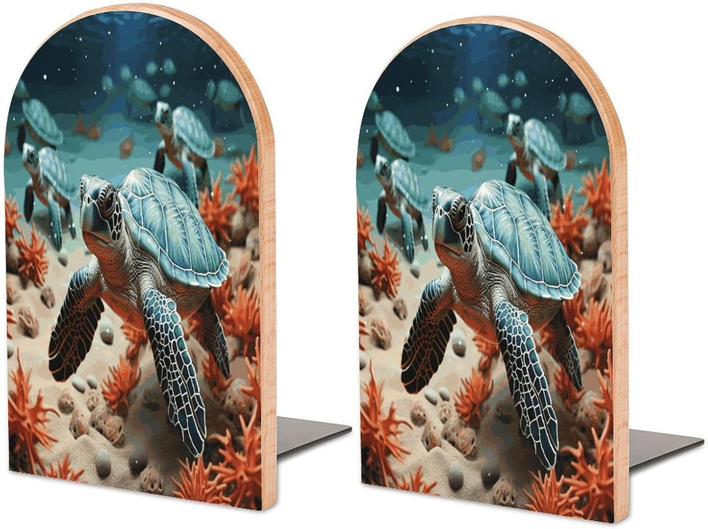 Turtle Starfish Bookend for Shelves Wooden Book End Large Size Sturdy Book Holders Stoppers with Metal Base for Bookshelves Slick Decorative Bookends Stands