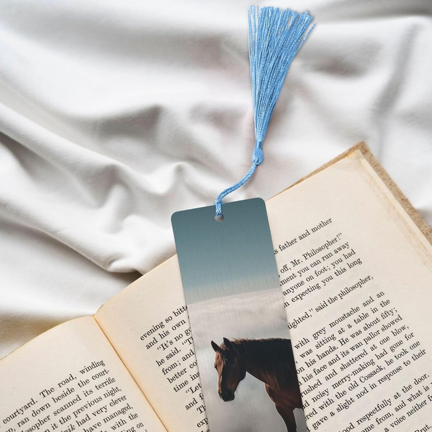 Horse on a Misty Mountaintop Bookmarks Gifts for Women Men, Wooden Bookmarks for Book Lovers, Vintage Book Marks Ornaments with Tassel, Unique Personalized Reading Page Markers Sky Blue
