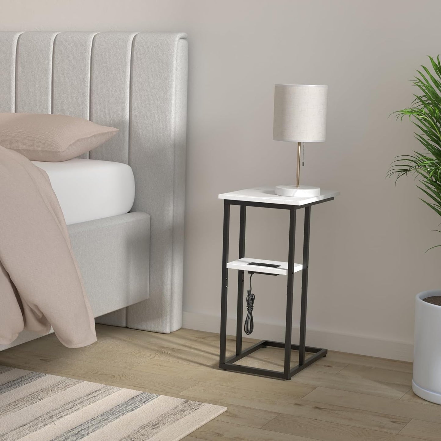 Innerjoin Side Table with Charging Station Set of 2, C Shaped End Table with LED Light Strip, Fast Charge USB A&C Ports, Small Sofa Snack Laptop Side Table for Living Room Bedroom, White