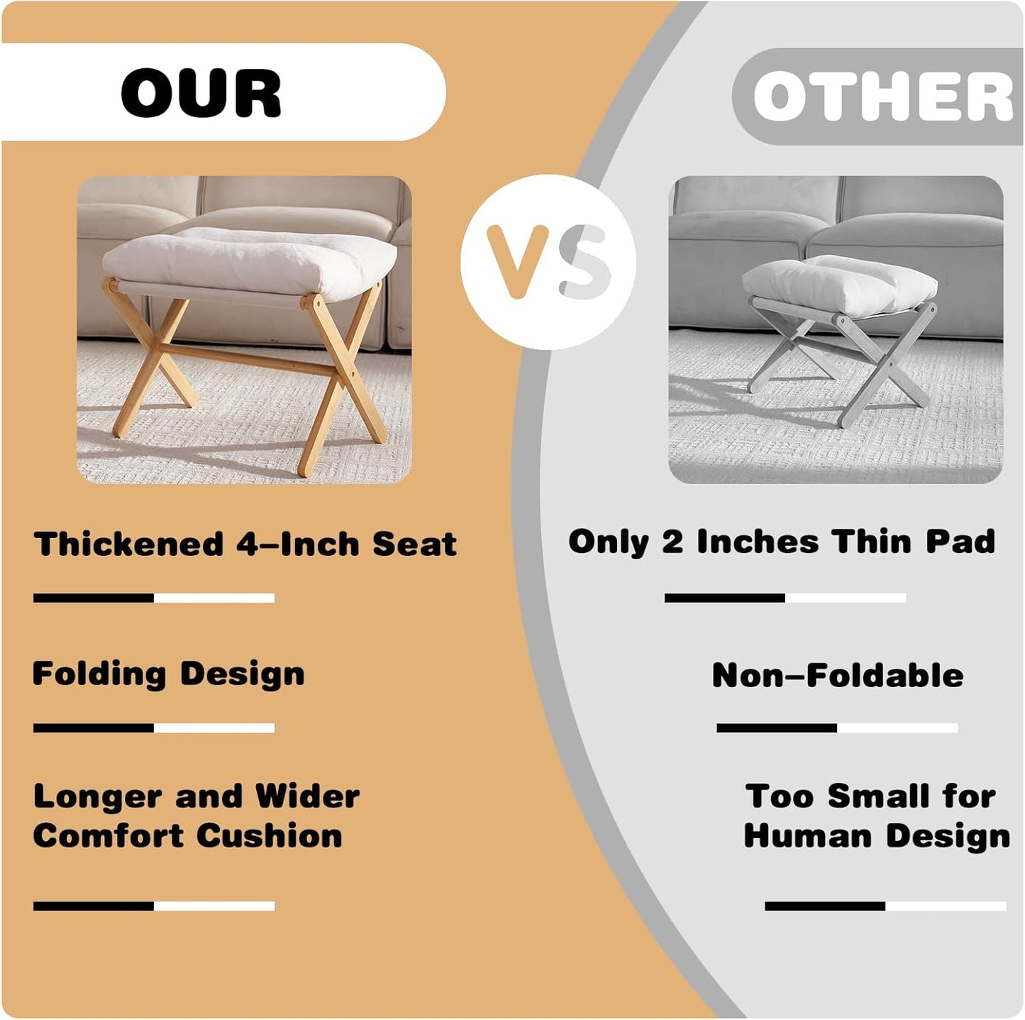 Ottoman Foot Rest- Bamboo Foldable Stool, Foot Stools Small Ottman with Upholstered & X Legs, Folding Stool for Makeup, Bedroom and Living Room (Large Beige)