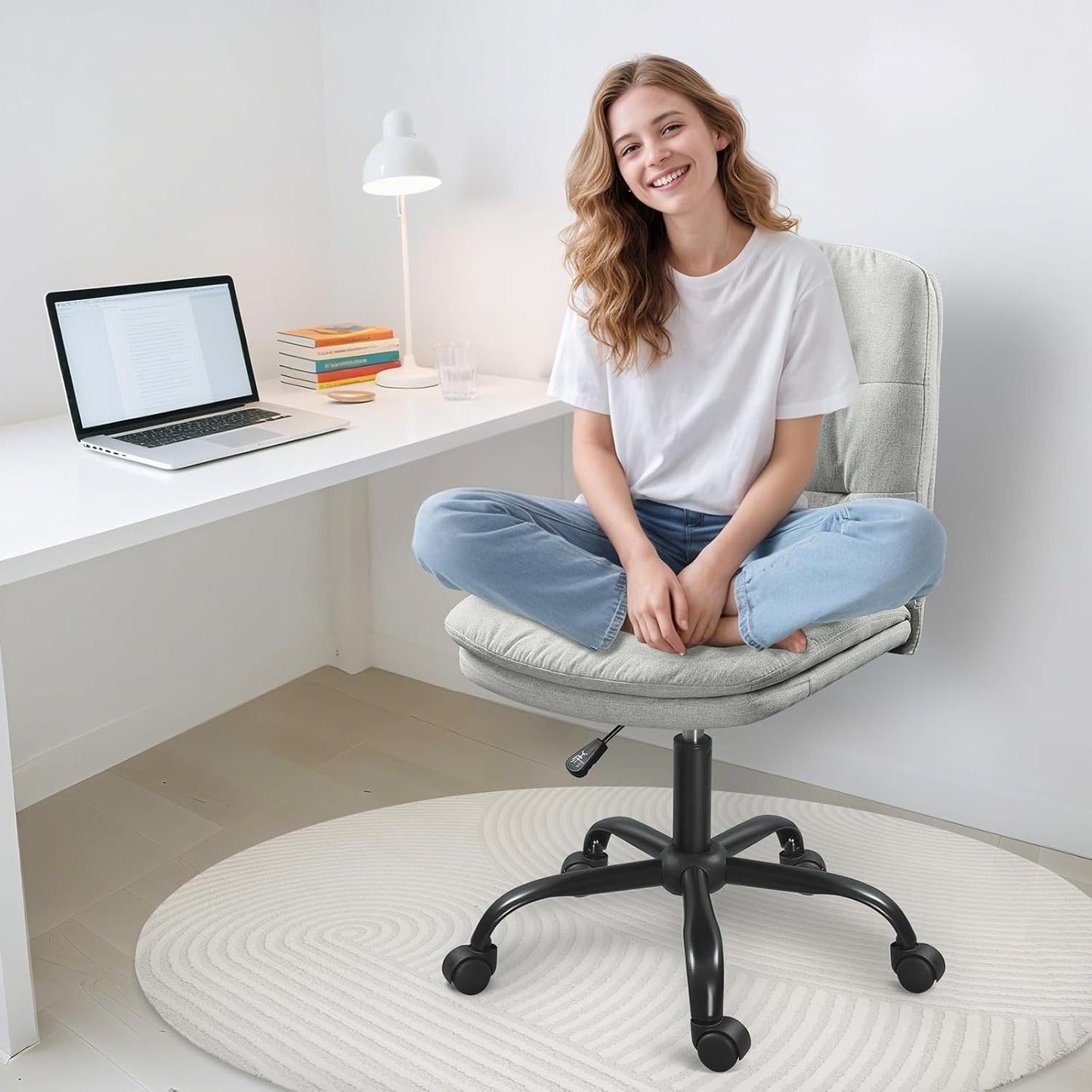 Home Office Desk Chair Comfy - Armless Criss Cross Chair with Wheels Vanity Chair Office Chairs Rolling Swivel Height Adjustable for Adults - Light Grey
