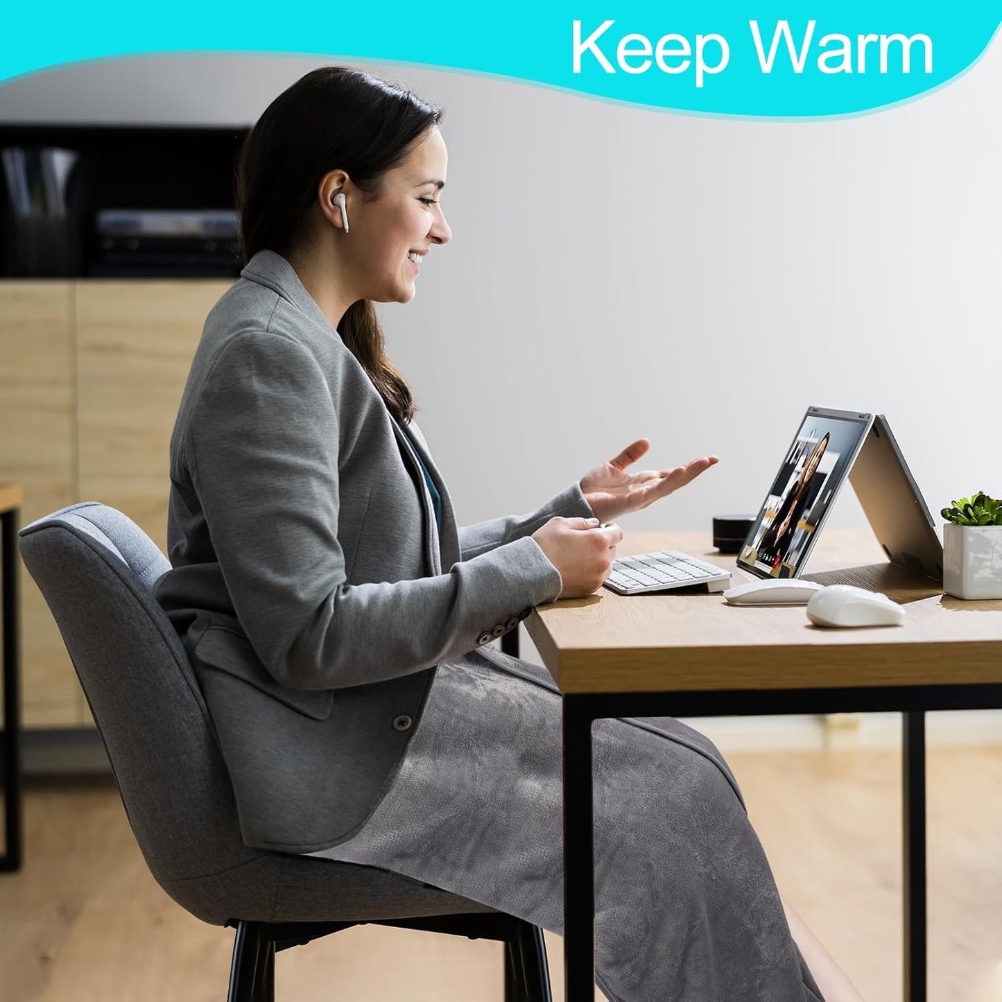 BUYUE Thickened/Leg Covering Office Chair Cushion with Blanket 2 in 1, 2" Foam Seat Cushion with Soft Fleece Foldable Legwarmer for Sitting, Non-Slip Comfort Home Desk Chair Pad, Black