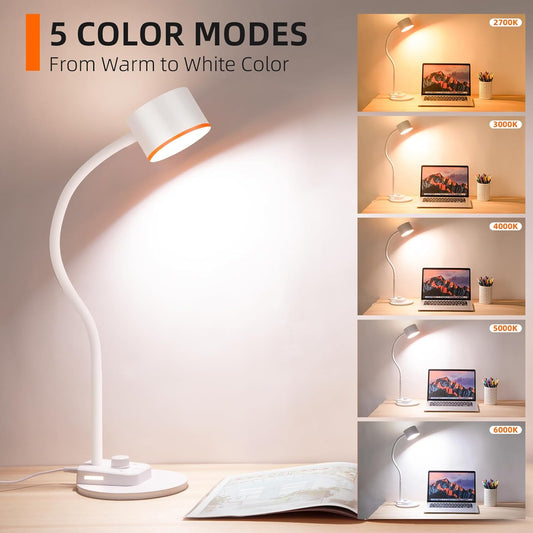 LED Desk Lamp, 1200LM for Home Office, Fully Dimmable Bedside Reading Lamp with USB C + A Charging Ports, 5 Colors, 12W Gooseneck Lamp, Metal Small Table Lamps for Bedroom Living Room White