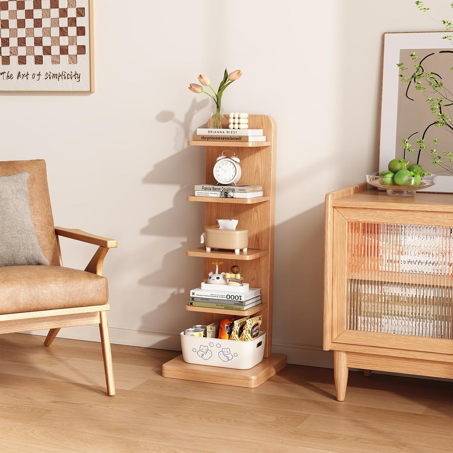 WoodsWhisper Soild Wood Narrow Book Shelf, 5 Shelf Small Space Bookshelf, Corner Ladder Bookshelf, Standing Bookcase for Living Room, Office, Study, Entryway