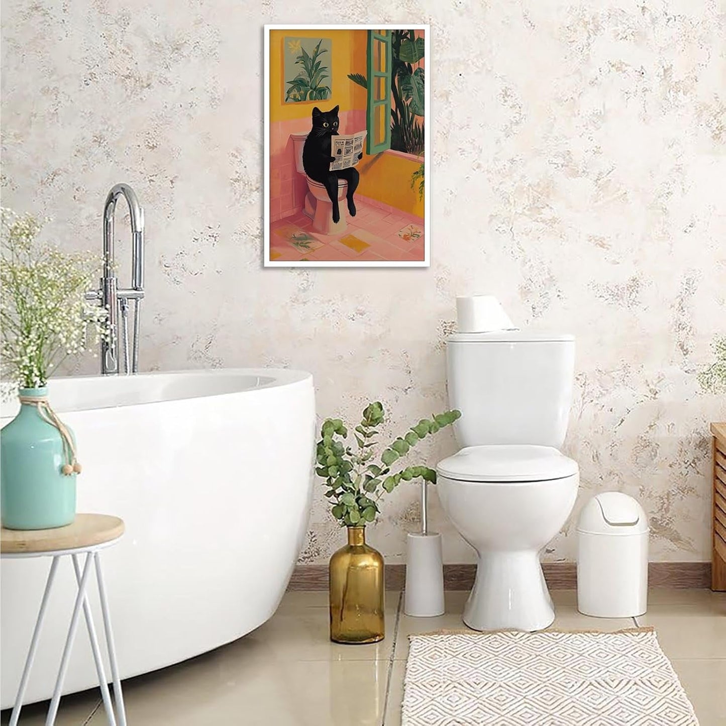 Vintage Funny Black Cat Reading Newspaper Posters Cute Animal Sitting On Toilet Canvas Wall Art Pink Yellow Bathroom Botanical Prints Painting For Home Bedroom Dorm Wall Decor 8x12in Unframed