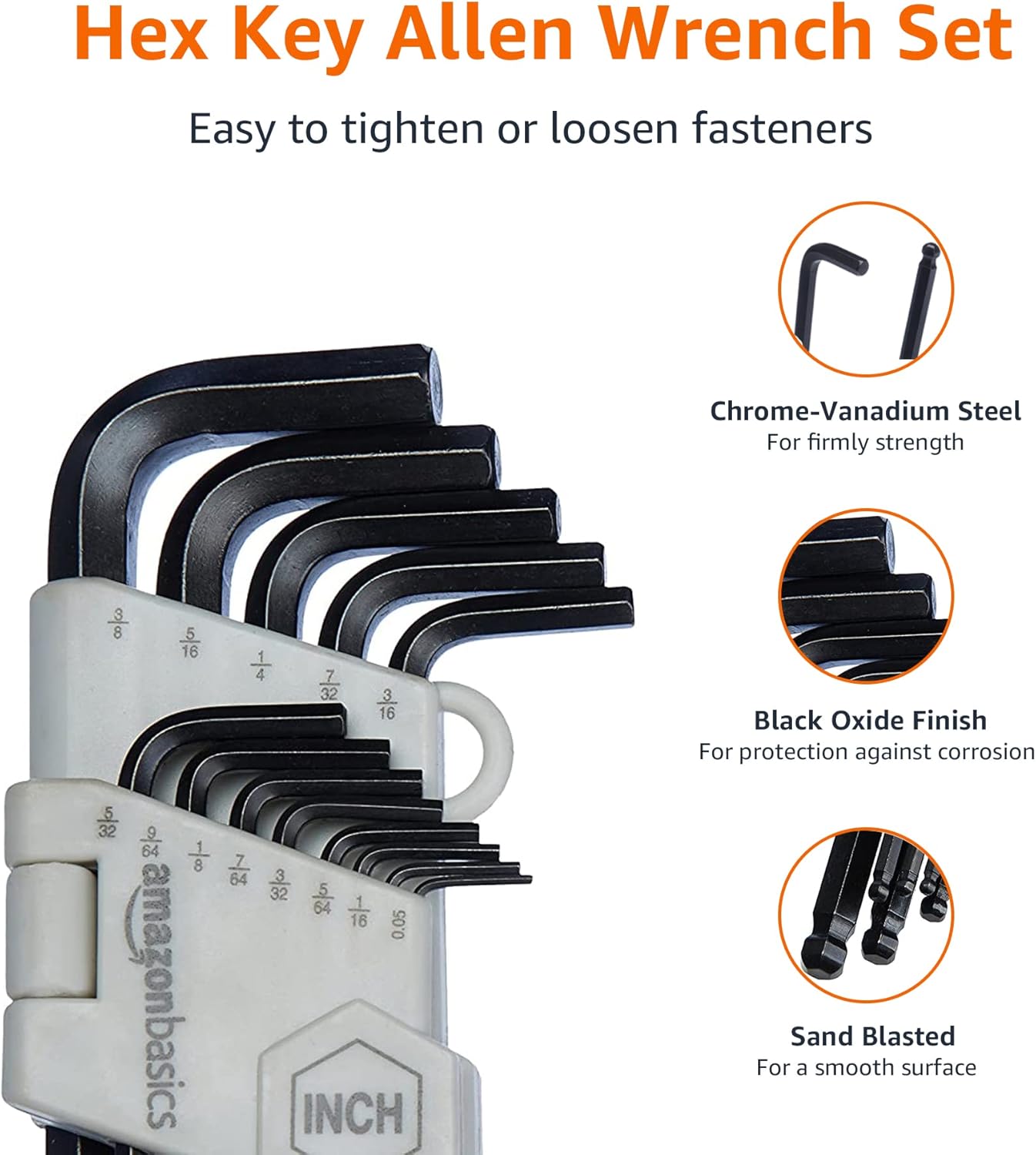 Amazon Basics Hex Key Allen Wrench, Long Arm, Ball End, Metric and Standard Sizes, Chrome Vanadium Steel, 26-Piece with Storage Case