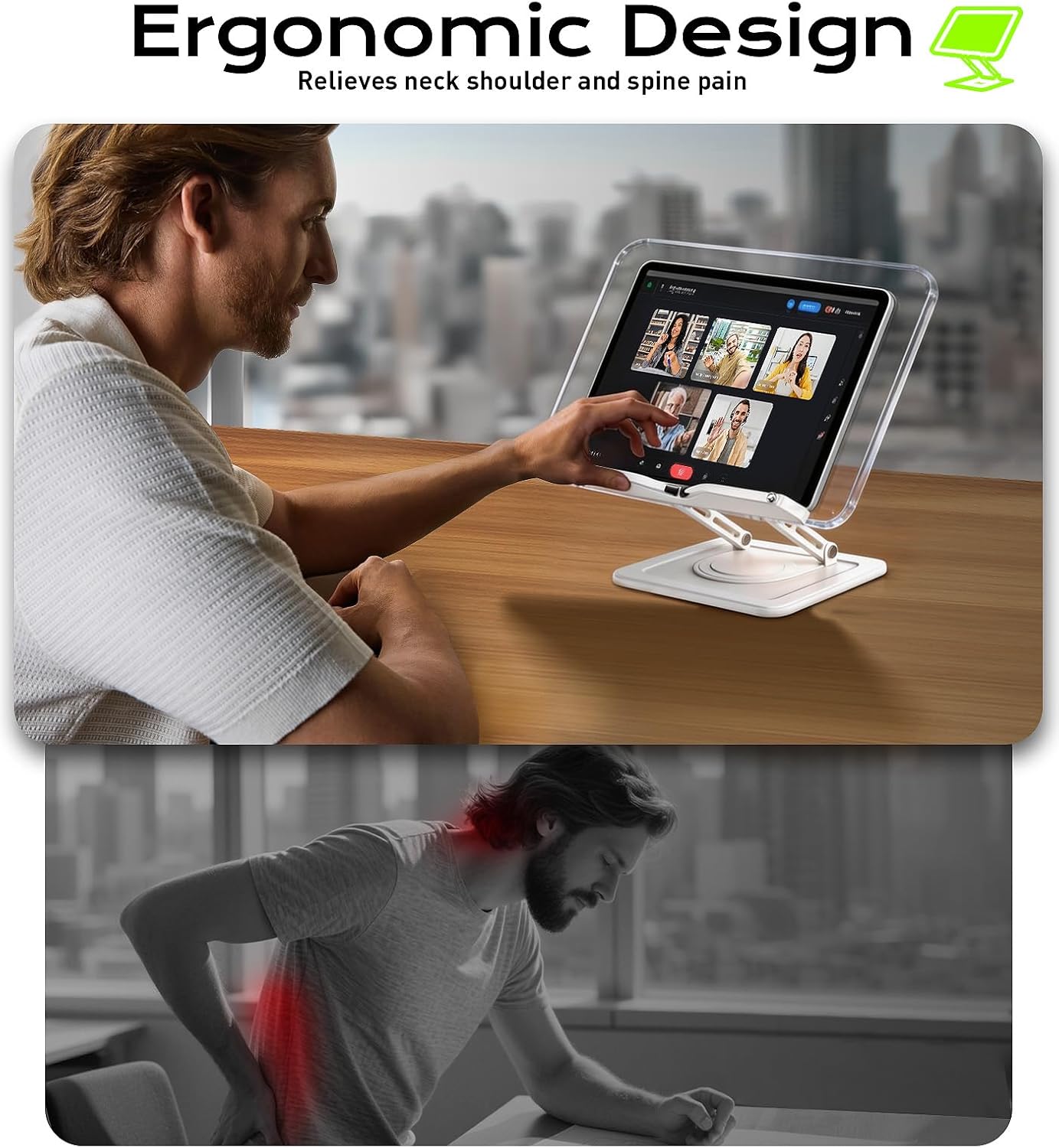 Book Stand for Reading, Adjustable Book Holder with 360°Rotating Bases, Ergonomic Cookbook Stand Recipe Book Holder with Elastic Page Clips for Magazines, Tablets, Laptops,Acrylic White