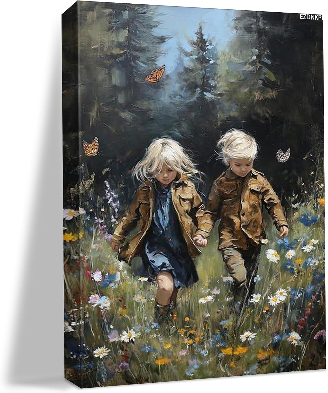 1pcs Framed Retro Wall Decor Man and Woman Walking in Flowers Canvas Prints Painting Rural Plant Posters Farmhouse Wall Art for Rural Bedrooms Corridor Canvas 8x12inch
