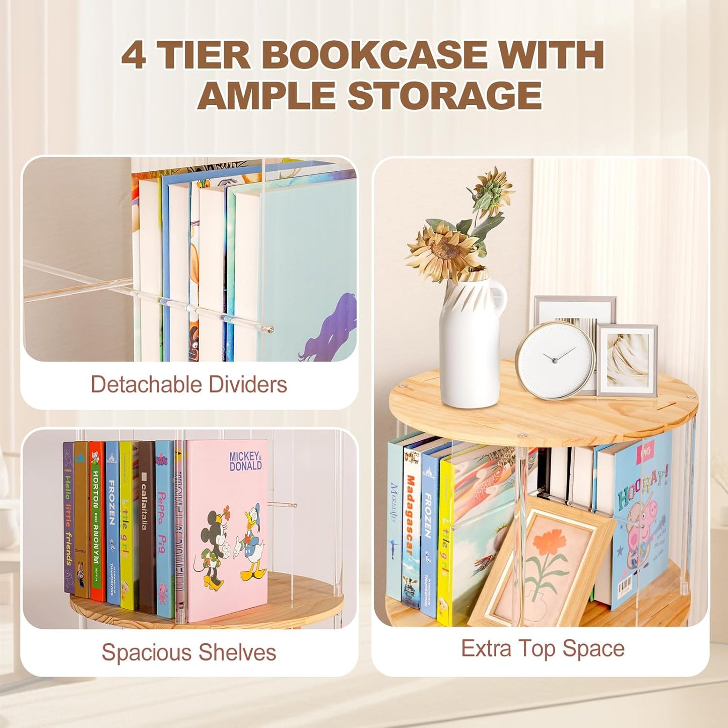 360° Rotating Bookshelf, 4-Tier Spinning Book Shelf Tower with Solid Wood & Clear Acrylic, Round Revolving Bookcase for Living Room, Bedroom and Office