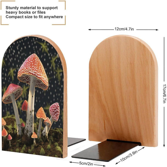 Mushroom Bookend for Shelves Wooden Book End Large Size Sturdy Book Holders Stoppers with Metal Base for Bookshelves Slick Decorative Bookends Stands