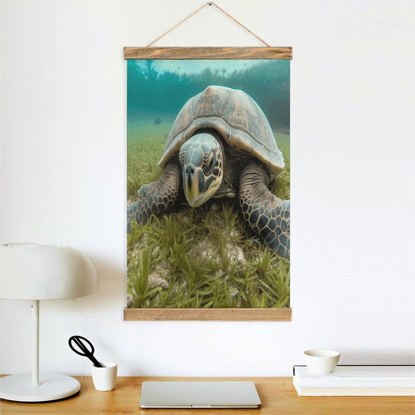 Vintage Big Tortoise Poster with Wooden Frame Personalized Linen Hanging Scroll Painting Rustic Wall Hanging Illustrative Modern Artwork Decor for Home Living Room Bedroom Office