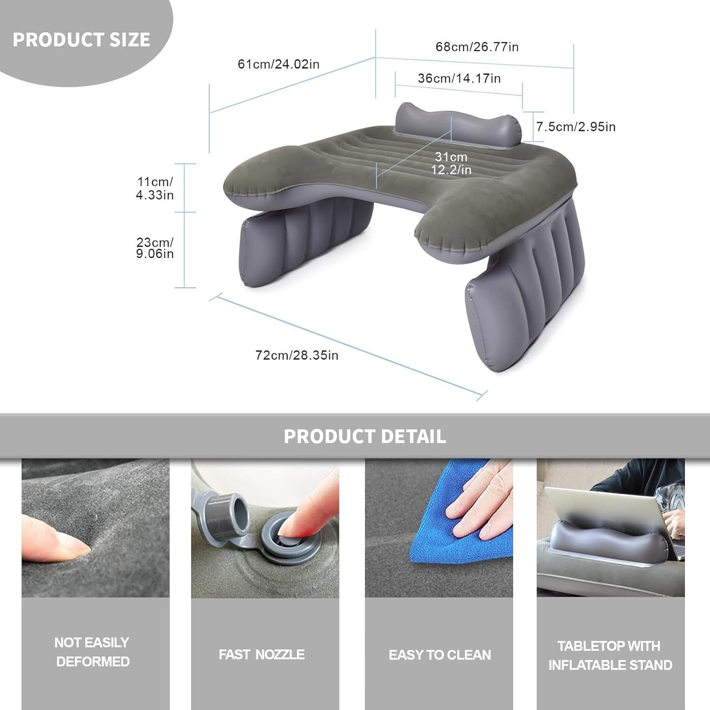 Nevife Inflatable Reading Pillow for Gaming,Laptop Pillow for Adult, Portable Inflatable Bed Pillow with Arm Rest for Adults Kids, Lap Desk for Laptop on Bed Couch, Travel Office Home Use
