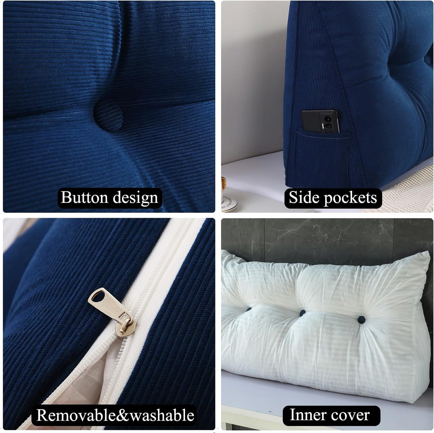 SAMTY Husband headboard Pillow Large Back Rest Support Reading Pillows for Sitting in Bed for Adults Triangle Velvet Wedge Pillow headboard Queen Size, Blue