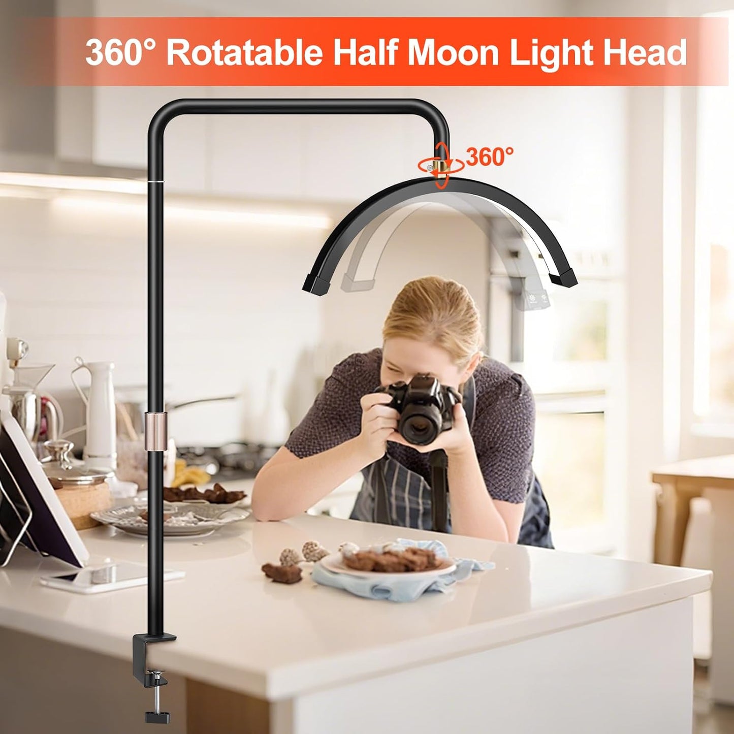 Half Moon Desk Light with Clamp, Touch Lash Lamp Nail Desk Light, Led Tattoo Light for Desk with Phone Holder, Adjustable 3 Color Lights for Lash Tech,Makeup,Photography,Reading,Work,Office (White)
