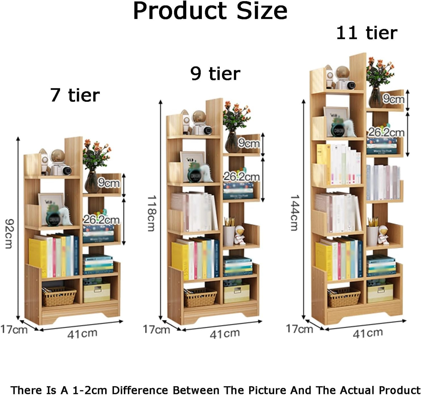 Tree-Shaped Bookshelf, Vertical Book Organizer with 7/9/11 Tiers, Space-Saving Bookcase for Living Room & Bedroom, Modern White Design (41x17x118cm)