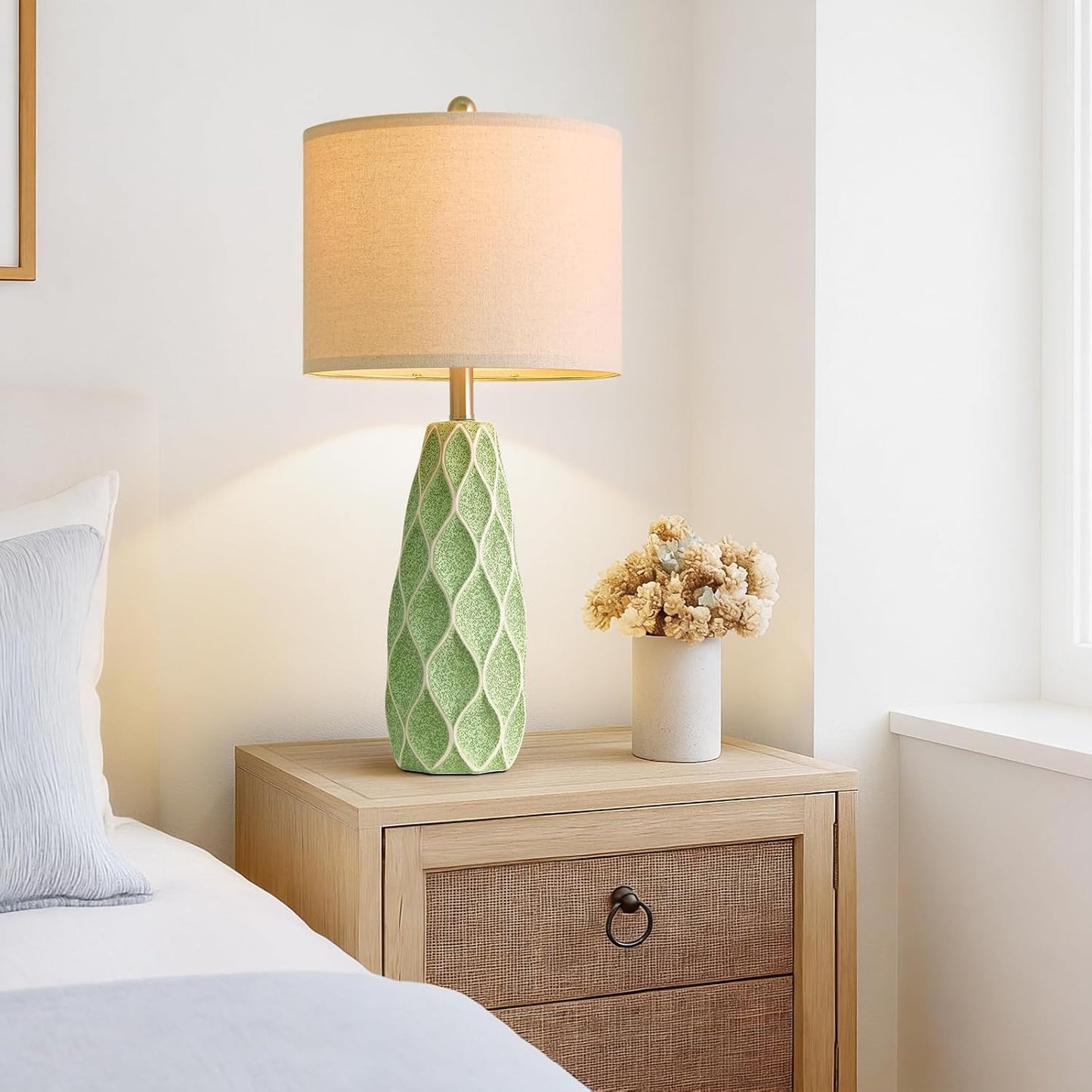 27.5" Ceramic Table Lamps for Living Room Bedroom Lamps Set of 2 Modern Boho Bedside Lamps Night Stands Farmhouse Vintage Large Nightstand Lamp Reading Light Home Office Dorm Desk Deco Gifts, Green