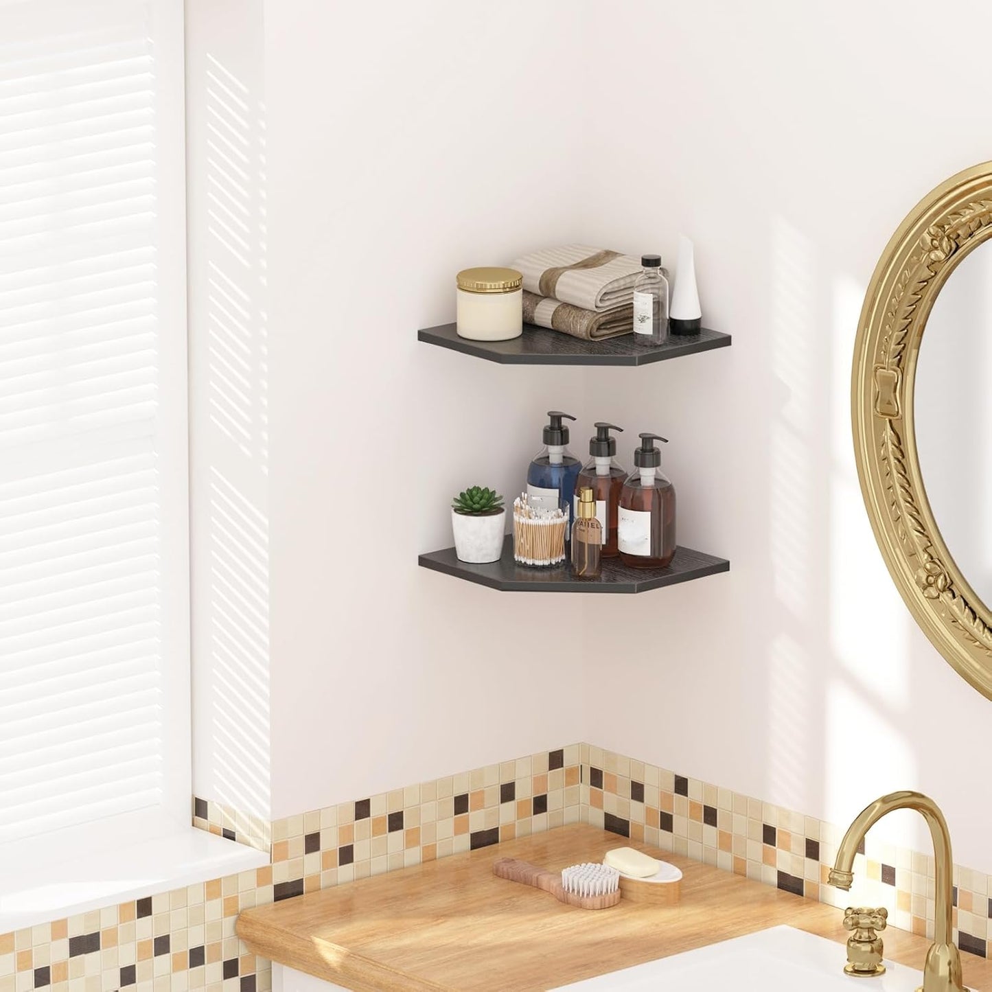 JJL Corner Shelves, 12 Inch Corner Shelf Wall Mounted with Wire Hole, 2 Tier 13.3 Inch Deep Wooden Corner Hanging Shelving for Wall Storage, for Speaker, Cable Box, Black
